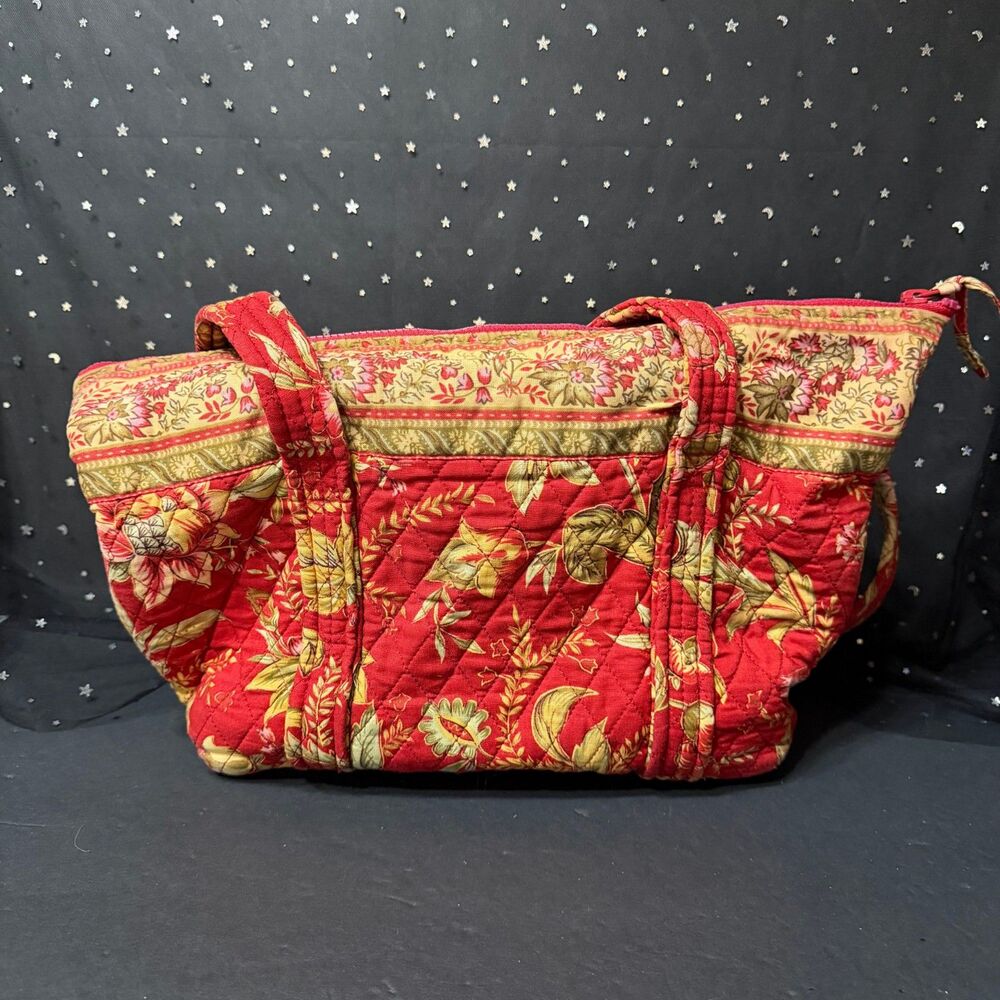 QK Quilted Tote Bag Red Floral Shoulder Bag Zip Top Cottagecore